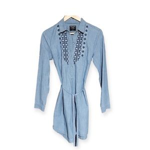 ABERCROMBIE & FITCH Embroidered Denim Shirt Dress Tie Belt Long Sleeves